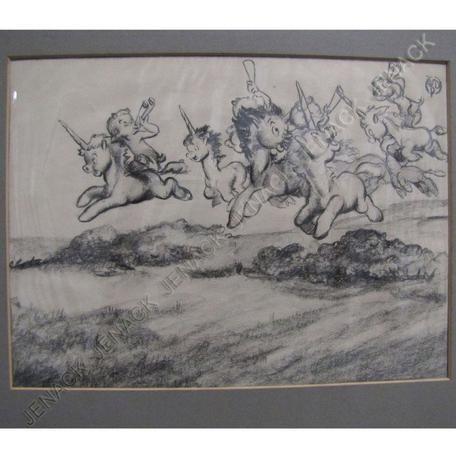 WALT DISNEY PRODUCTIONS, ORIGINAL CONTE CRAYON : WALT DISNEY PRODUCTIONS, ORIGINAL CONTE CRAYON ON PAPER, ANIMATION PAGE OF UNICORNS AND YOUNG CENTAURETTES, FROM FANTASIA C.1940, STAMPED "WDP". SHEET 10 X 12"