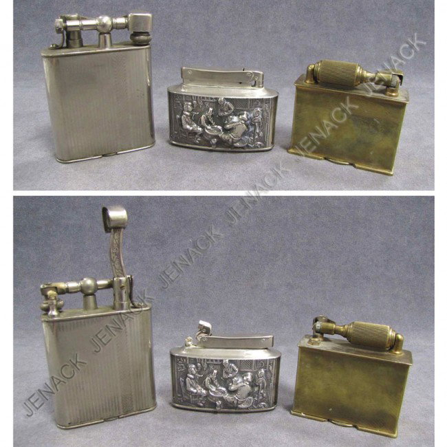 LOT (3) VINTAGE CIGARETTE LIGHTERS: LOT (3) VINTAGE CIGARETTE LIGHTERS INCLUDING BRASS MCMURDO, HEIGHT 3"; SILVER PLATE MYLFLAM DIPLOMAT, HEIGHT 2 1/2"; OCCUPIED JAPAN, HEIGHT 4"