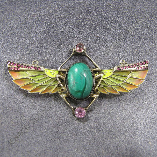 VICTORIAN/EGYPTIAN REVIVAL BROOCH/PENDANT: VICTORIAN/EGYPTIAN REVIVAL 800 SILVER PLIQUE-A-JOUR ENAMELED BROOCH/PENDANT SET WITH MALACHITE AND PINK PASTE STONES. LENGTH 2 1/2" (MISSING CHAIN)
