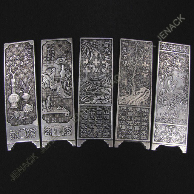LOT (5) CHINESE SILVER ALLOY SCREEN FORM PANELS: LOT (5) CHINESE SILVER ALLOY SCREEN FORM PANELS, SIGNED. HEIGHT 5 3/4"