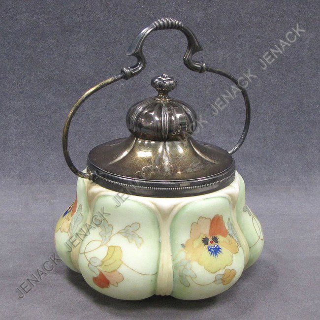 VINTAGE MT. WASHINGTON HAND DECORATED BISCUIT JAR: VINTAGE MT. WASHINGTON HAND DECORATED BISCUIT CONTAINER WITH PAIRPOINT SILVER PLATE MOUNTS. HEIGHT 7"; DIAMETER 7"