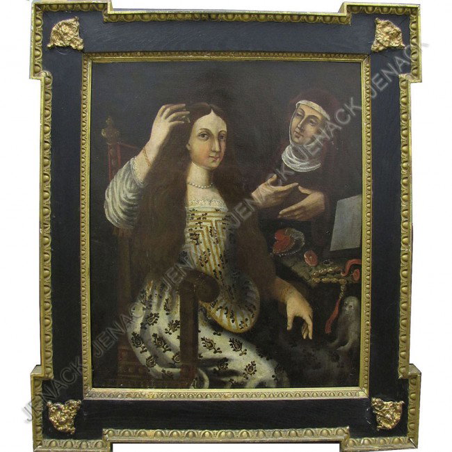 CONTINENTAL SCHOOL (17/18TH CENTURY), OIL : CONTINENTAL SCHOOL (17/18TH CENTURY), OIL ON CANVAS, SEATED FIGURE COMBING HAIR, UNSIGNED. 28 X 23"; FRAMED 37 X 32" (RELINED)