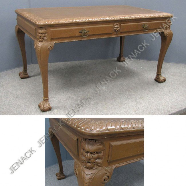 CHIPPENDALE REVIVAL CARVED WALNUT PARTNERS DESK: CHIPPENDALE REVIVAL CARVED WALNUT PARTNERS DESK (PAINTED). HEIGHT 29"; WIDTH 54"