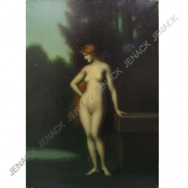 JEAN-JACQUES HENNER (FRENCH 1829-1905) OIL: JEAN-JACQUES HENNER (FRENCH 1829-1905) OIL ON CANVAS. NUDE IN A LANDSCAPE, SIGNED. 21 1/2 X 15" (OLD REPAIR) (COA)