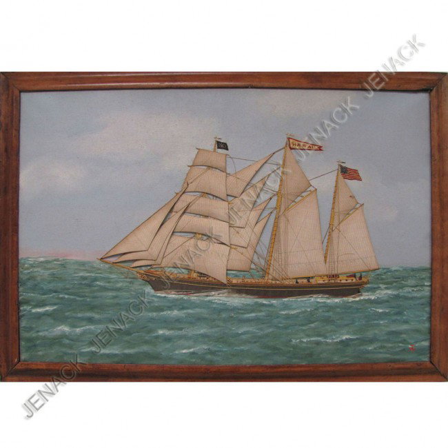 THOMAS H. WILLIS (AMERICAN NY CITY 1850-1925): THOMAS H. WILLIS (AMERICAN NY CITY 1850-1925), MIXED MEDIUM, OIL ON CANVAS WITH FABRIC COLLAGE AND EMBROIDERY, SCHOONER "HAWAII", SIGNED AND MONOGRAMMED. 16 X 24"; FRAMED 18 1/2 X 27"