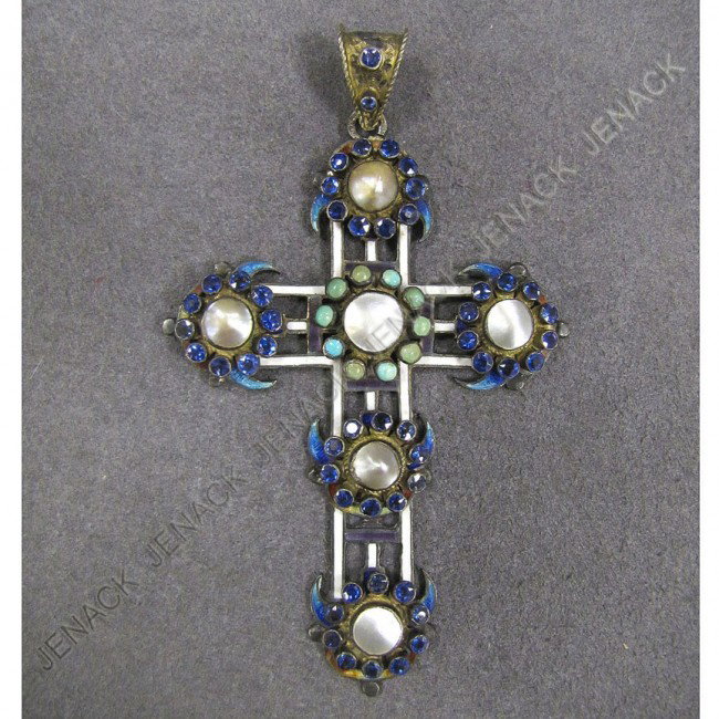 VINTAGE SILVER ENAMELED CROSS PENDANT SET: VINTAGE SILVER ENAMELED CROSS PENDANT SET WITH BLUE PASTE STONES, MOTHER-OF-PEARL, ENGRAVED BACK. LENGTH 3"
