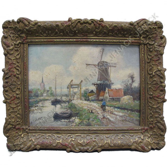 DUTCH SCHOOL (20TH CENTURY) OIL ON CANVAS: DUTCH SCHOOL (20TH CENTURY) OIL ON CANVAS, FIGURE ALONG A CANAL, SIGNED A. SIEBINGA. 7 X 9 1/2"; FRAMED 10 X 12 1/2" PROVENANCE: COLLECTION ADELAIDE VIRGINIA BARTH, TUXEDO PARK NY