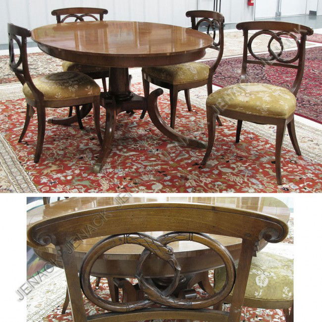 SET FRENCH EMPIRE STYLE DINING TABLE: SET FRENCH EMPIRE STYLE CARVED INLAID FRUITWOOD EXTENSION DINING TABLE, SIGNED CHARAK FURNITURE CO., BOSTON 1954. HEIGHT 30"; TOP 44 X 62" WITH (3) 13" LEAVES AND (4) CHAIRS EN SUITE