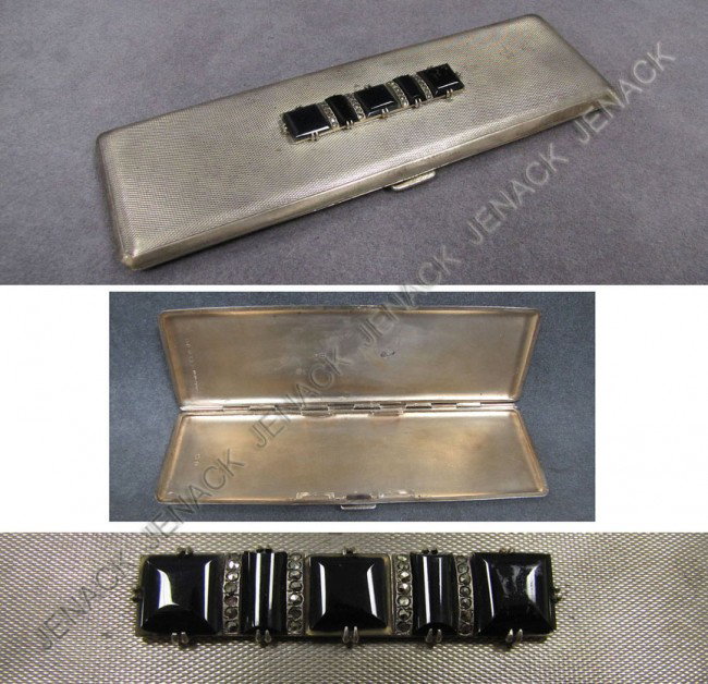 ART DECO BIRMINGHAM STERLING ONYX & MARCASITE BOX: ART DECO BIRMINGHAM STERLING, ONYX & MARCASITE BOX, C. 1933. 6 1/2 X 2"; GROSS WEIGHT 4.25 OZT