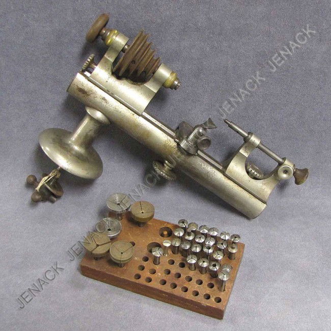 VINTAGE WATCHMAKER'S LATHE WITH COLLETS: VINTAGE WATCHMAKER'S LATHE WITH COLLETS. LENGTH 9 1/2"