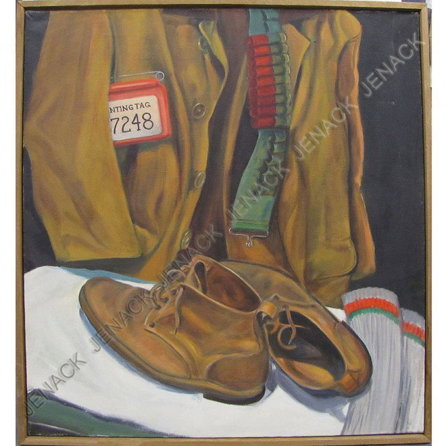 LOUIS WITKIN (AMERICAN NY 1913-2010), OIL : LOUIS WITKIN (AMERICAN NY 1913-2010), OIL ON CANVAS, HUNTING GEAR, SIGNED ESTATE STAMP #WE021. 28 X 26"; FRAMED 29 X 27"