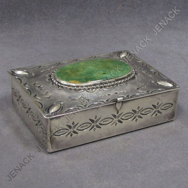 SOUTHWEST AMERICAN INDIAN SILVER AND TURQUOISE BOX: SOUTHWEST AMERICAN INDIAN SILVER AND TURQUOISE MOUNTED BOX. 3 1/2 X 4 3/4"; GW 8.31 OZT (CRACK IN STONE)
