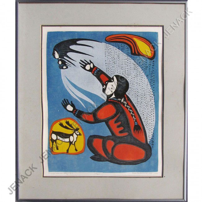 DALE DEARMOND (AMERICAN ESKIMO 20TH CENTURY): DALE DEARMOND (AMERICAN ESKIMO 20TH CENTURY), LITHOGRAPH, "FOGGY WOMAN STORY #5", SIGNED AND TITLED #22/25 1979. SIGHT 21 X 16"; FRAMED AND GLAZED-28 1/2 X 23"