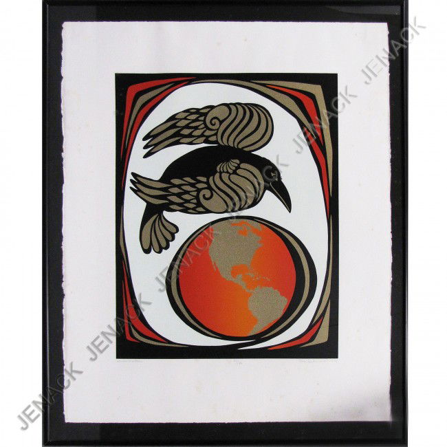 DALE DEARMOND (AMERICAN ESKIMO 20TH CENTURY) LITHO: DALE DEARMOND (AMERICAN ESKIMO 20TH CENTURY), LITHOGRAPH, "WORLD MAKER", SIGNED AND TITLED #50/199 1979. SHEET 26 1/2 X 22 1/2"; FRAMED AND GLAZED-30 X 25"