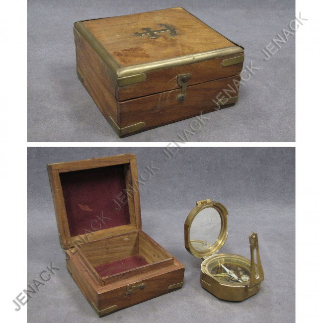 STANLEY, LONDON BRASS FOLDING NAUTICAL COMPASS : STANLEY, LONDON BRASS FOLDING NAUTICAL COMPASS WITH MAHOGANY CASE. 4 1/2 X 4 3/4"