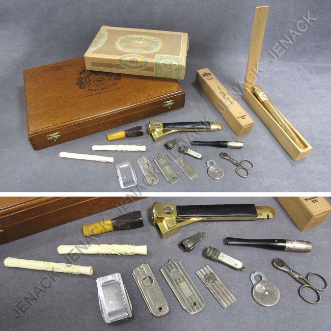 LOT ASSORTED VINTAGE CIGAR CUTTERS: LOT ASSORTED VINTAGE CIGAR CUTTERS INCLUDING STERLING, CHEROOT HOLDERS, H. UPMANN EXQUISITOS CIGARS (UNOPENED BOX), ETC