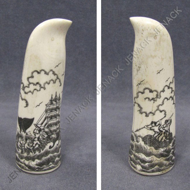 SCRIMSHAW (WHALING SCENE) IVORY 2-PART HANDLE: SCRIMSHAW (WHALING SCENE) IVORY 2-PART HANDLE. HEIGHT 4 1/4" **CANNOT EXPORT IVORY**