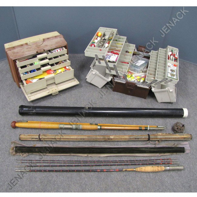 LOT (5) ASSORTED FISHING: LOT (5) ASSORTED FISHING INCLUDING (2) SPLIT BAMBOO FLY RODS, BAMBOO DEEP SEA ROD, (2) CASES ASSORTED FISHING LURES, FLOATS, ACCESSORIES, ETC