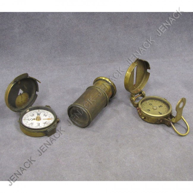 LOT (3) INCLUDING (2) BRASS FOLDING COMPASS: LOT (3) INCLUDING (2) VINTAGE BRASS FOLDING COMPASS & POCKET BRASS SPOTTING LENS