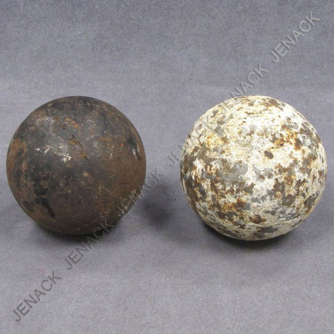 LOT (2) 5-POUND CANNON BALLS: LOT (2) 5-POUND CANNON BALLS (SOLID), 18/19TH CENTURY. DIAMETER 3 1/2"