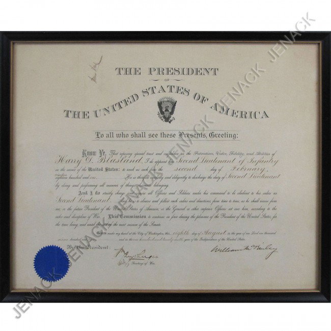 WILLIAM MCKINLEY (AS PRESIDENT) SIGNED VELLUM: WILLIAM MCKINLEY (AS PRESIDENT) SIGNED VELLUM APPOINTMENT-HARRY D. BLASLAND AS SECOND LIEUTENANT OF INFANTRY, FEB. 2, 1901, COUNTERSIGNED BY ACTING SECRETARY OF WAR, WILLIAM CARY SANGER. FRAMED & GLAZ