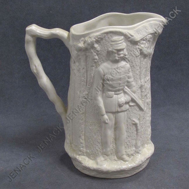 ANTIQUE CIVIL WAR VOLUNTEER RIFLE CORP PITCHER: ANTIQUE CIVIL WAR VOLUNTEER RIFLE CORP PARIAN PITCHER, INSCRIBED ON BASE NO. 3, 19TH CENTURY. HEIGHT 7 1/2"