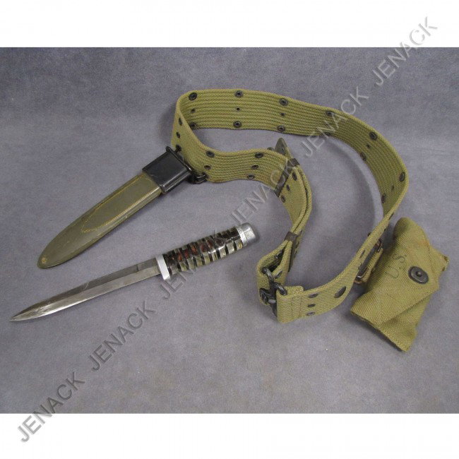 LOT INCLUDING US ARMY WEBBED BELT, FIRST AID PACK: LOT INCLUDING US ARMY WEBBED BELT, FIRST AID PACK, AND FIGHTING KNIFE ENGRAVED BELGIUM/FRANCE. LENGTH `12"