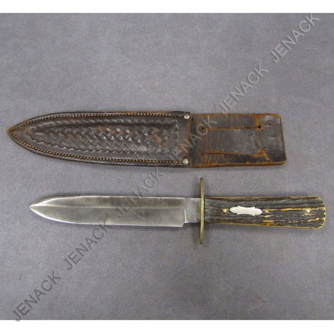 FINE VINTAGE J. RUSSELL GREEN RIVER WORKS, KNIFE: FINE VINTAGE J. RUSSELL GREEN RIVER WORKS, SPEAR POINT SIDE KNIFE WITH STAG HANDLE. LENGTH 10 1/2"