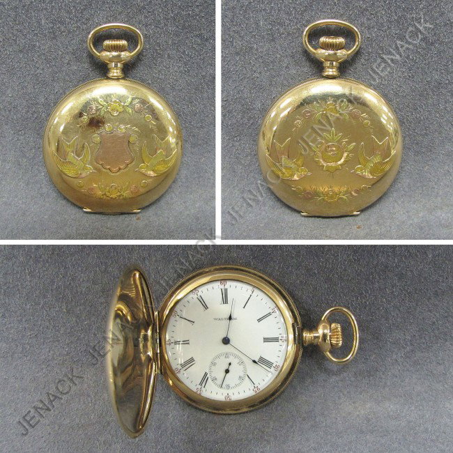 VINTAGE WALTHAM 14K GOLD POCKET WATCH: VINTAGE WALTHAM 14K YELLOW, PINK, AND GREEN GOLD INLAID 15-JEWEL HUNTER CASE POCKET WATCH. 48MM