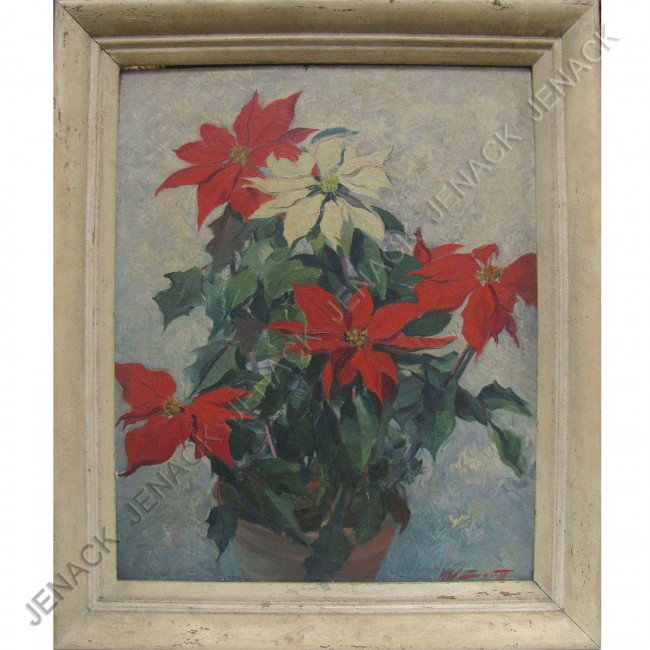 HAROLD WINFIELD SCOTT (AMERICAN NY 1898-1977), OIL: HAROLD WINFIELD SCOTT (AMERICAN NY 1898-1977), OIL ON CANVAS BOARD, POINSETTA, SIGNED. 20 X 16"; FRAMED 24 X 20"