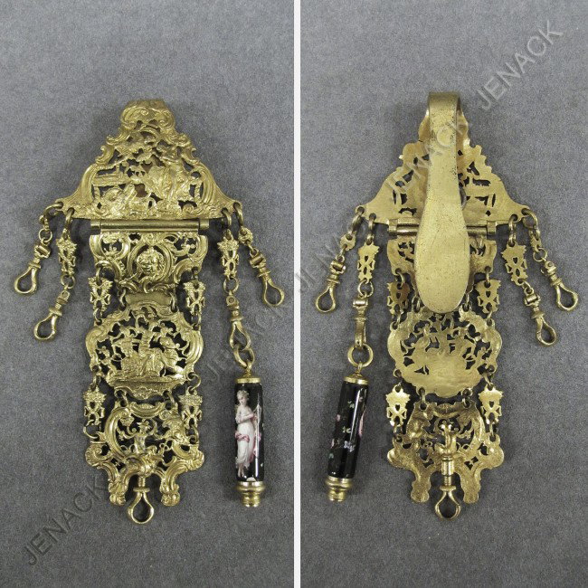 VICTORIAN GILT BRASS CHATELAINE WITH PENCIL: VICTORIAN GILT BRASS CHATELAINE WITH MECHANICAL PENCIL