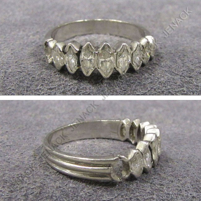 PLATINUM & 9-STONE MARQUISE CUT DIAMOND RING: PLATINUM (TESTS) & 9-STONE MARQUISE CUT DIAMOND RING (MISSING 1/STONE). APPROXIMATE DIAMOND TWT 1.0 CT SIZE 6 1/2