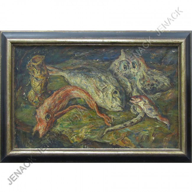 MARTIN BAER (AMERICAN SAN FRANCISCO 1894-1961) OIL: MARTIN BAER (AMERICAN SAN FRANCISCO 1894-1961) OIL ON CANVAS, "FISH, ORAN-AFRICA", SIGNED AND TITLED 1927. 16 X 25 1/2; FRAMED 20 1/2 X 30" (INFORMATION VERSO)