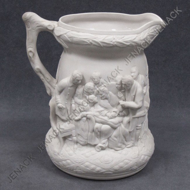 VINTAGE PARIAN PITCHER WITH FIGURAL RELIEF: VINTAGE PARIAN PITCHER WITH FIGURAL RELIEF, 19TH CENTURY. HEIGHT 8 3/4"