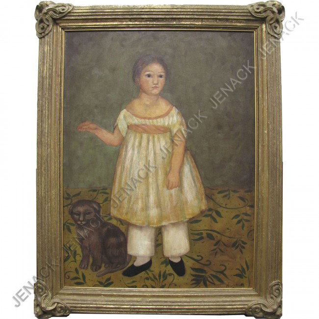 AMERICAN SCHOOL (19/20TH CENTURY), OIL ON CANVAS: AMERICAN SCHOOL (19/20TH CENTURY), OIL ON CANVAS, FOLK ART PORTRAIT OF A YOUNG GIRL AND HER CAT, SIGNED T. NORDBERG. 32 1/2 X 23"; FRAMED 38 1/2 X 30"
