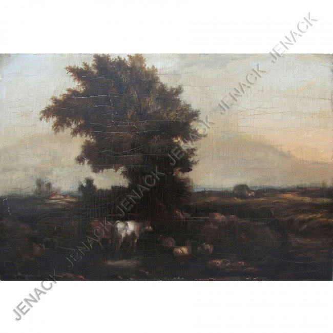 FLEMISH SCHOOL (18TH CENTURY), OIL ON PANEL: FLEMISH SCHOOL (18TH CENTURY), OIL ON CRADLED PANEL, LOWLANDS LANDSCAPE WITH COWS, UNSIGNED. 15 1/2 X 22 1/2"