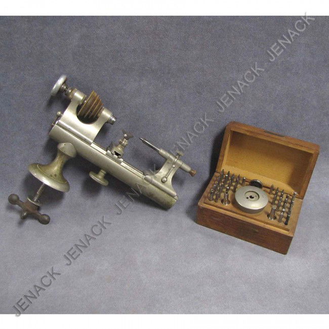 LOT (2) INCLUDING VINTAGE WATCHMAKER'S LATHE: LOT (2) INCLUDING VINTAGE WATCHMAKER'S LATHE & G. BOLEY STAKING SET