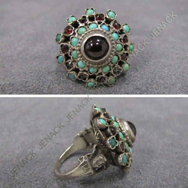 RENAISSANCE REVIVAL STYLE RING: RENAISSANCE REVIVAL STYLE SILVER, GARNET & TURQUOISE RING. RING SIZE 6 3/4