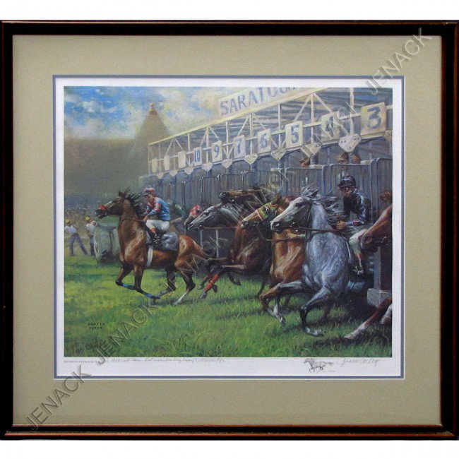 JENNESS CORTEZ (AMERICAN 1944-), OFFSET LITHOGRAPH: JENNESS CORTEZ (AMERICAN 1944-), OFFSET LITHOGRAPH, "THE STARTING GATE", SIGNED, INSCRIBED, AND REMARKED 10/5/82. FRAMED AND GLAZED-28 1/2 X 31 1/2"