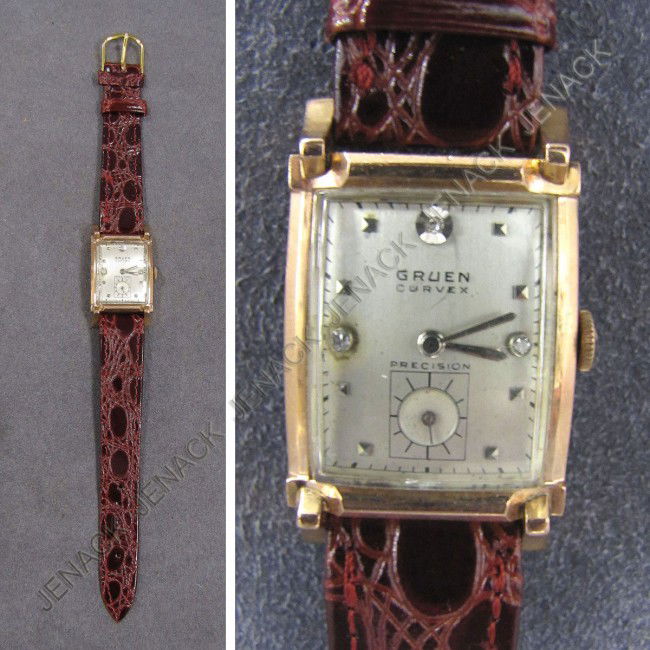 GRUEN 14K ROSE GOLD 17-JEWEL CURVEX WRISTWATCH: VINTAGE GRUEN 14K ROSE GOLD 17-JEWEL CURVEX MECHANICAL WRISTWATCH WITH DIAMOND SET DIAL