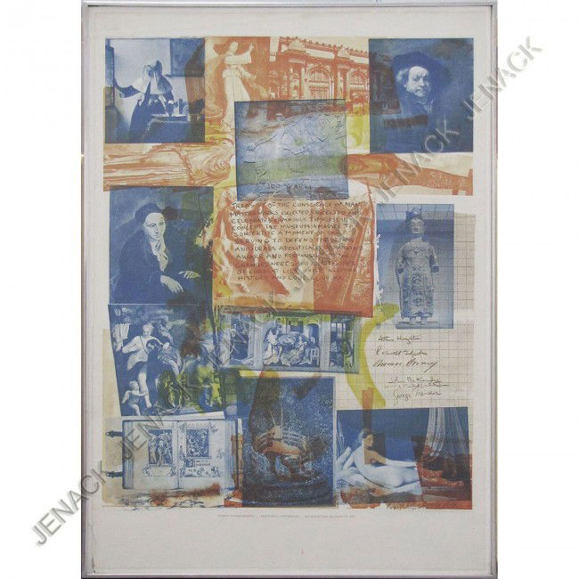 ROBERT RAUSCHENBERG (AMERICAN 1925-2008), LITHO: ROBERT RAUSCHENBERG (AMERICAN 1925-2008), OFFSET LITHOGRAPHIC POSTER, 100 YEARS TREASURY OF THE CONSCIENCE OF MAN, MMOA, SIGNED. FRAMED AND GLAZED-41 1/2 X 27 1/2"