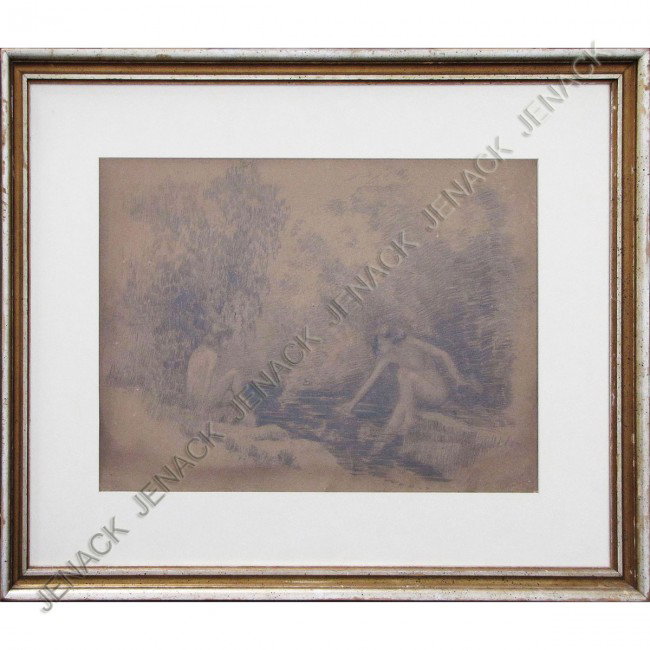 ARTHUR BOWEN DAVIES (AMERICAN NY 1862-1928): ARTHUR BOWEN DAVIES (AMERICAN NY 1862-1928), GRAPHITE ON TAN ARTIST BOARD, BATHERS BY A STREAM, SIGNED SARATOGA JUNE 1919. SIGHT 15 X 21"; FRAMED AND GLAZED-24 X 30"
