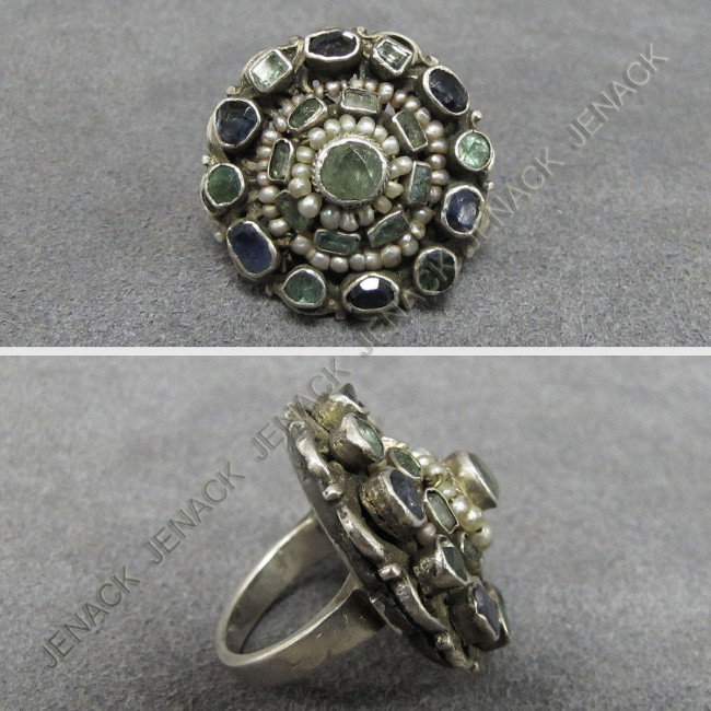 RENAISSANCE REVIVAL STYLE RING: RENAISSANCE REVIVAL STYLE SAPPHIRE, BERYL, & SEED PEARL RING. RING SIZE 5