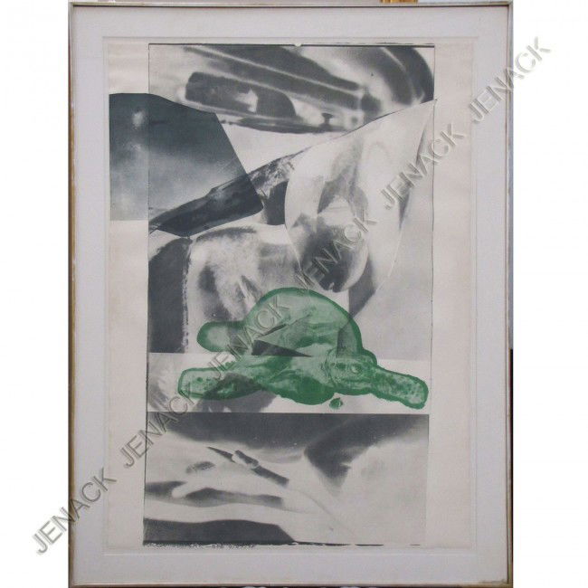 ROBERT RAUSCHENBERG (AMERICAN 1925-2008) PRINT: ROBERT RAUSCHENBERG (AMERICAN 1925-2008), SCREEN PRINT, SIGNED AND INSCRIBED "FROM ROCKY AND RAUCHENBERG 2/3/69 FOR EDWARD OBKSAK-BOB 4/27/70". SHEET 42 X 30"; FRAMED AND GLAZED-48 1/2 X 36 1/2"