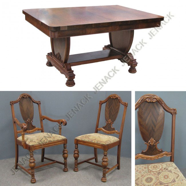 FRENCH STYLE ART DECO WALNUT TRESTLE DINING TABLE: FRENCH STYLE ART DECO WALNUT TRESTLE BASE EXTENSION DINING TABLE WITH (6) CHAIRS. HEIGHT 30"; TOP 40 X 60" WITH INTERNAL LEAF