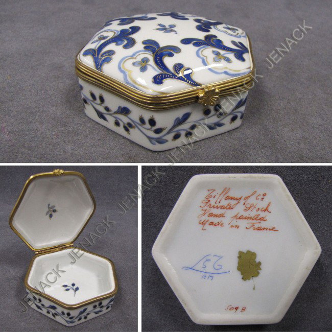 LIMOGES PORCELAIN BOX: LIMOGES PORCELAIN BOX HEXAGONAL-SHAPED DECORATED BOX, TIFFANY AND "PRIVATE STOCK". 2 1/2 X 2 1/2"