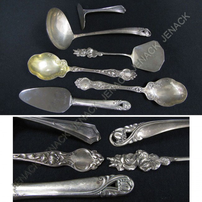 LOT (6) STERLING SERVING PIECES: LOT (6) STERLING SERVING PIECES INCLUDING INTERNATIONAL "SPRING GLORY" LADLE AND HANDLED CHEESE KNIFE; GORHAM FOOD PUSHER "MARY EDITH" C.1911; (2) WALLACE "VIOLET" SUGAR SPOONS; REED AND BARTON JELLY.
