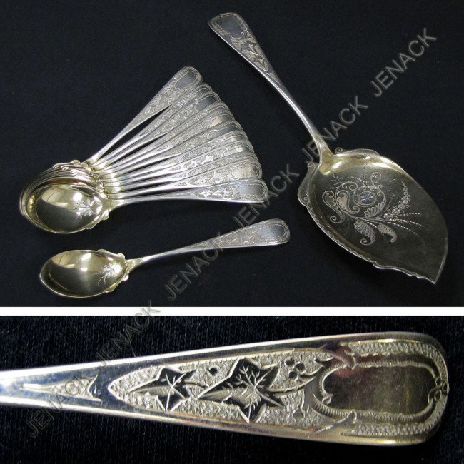 LOT ANTIQUE STERLING GILT PIE SLICE: LOT ANTIQUE STERLING GILT PIE SLICE WITH (12) GILT SPOONS. SLICE/LENGTH 8 3/4"; SPOONS/LENGTH 5 1/4"; TWT 7.21 OZT