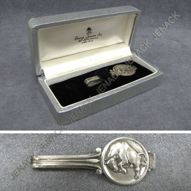 GEORG JENSEN 925 SILVER TAURUS MONEY CLIP: GEORG JENSEN 925 SILVER TAURUS MONEY CLIP WITH DOTTED OVAL MARK. LENGTH 2 1/8"; 0.32 OZT (WITH ORIGINAL BOX)
