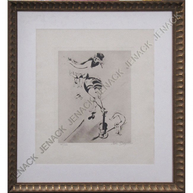 MARC CHAGALL (RUSSIAN/FRENCH 1887-1985), ETCHING: MARC CHAGALL (RUSSIAN/FRENCH 1887-1985), ETCHING, "ACROBAT WITH VIOLIN", SIGNED #45/50. PLATE 16 3/8 X 12 3/8"; FRAMED AND GLAZED-32 X 28 1/2"